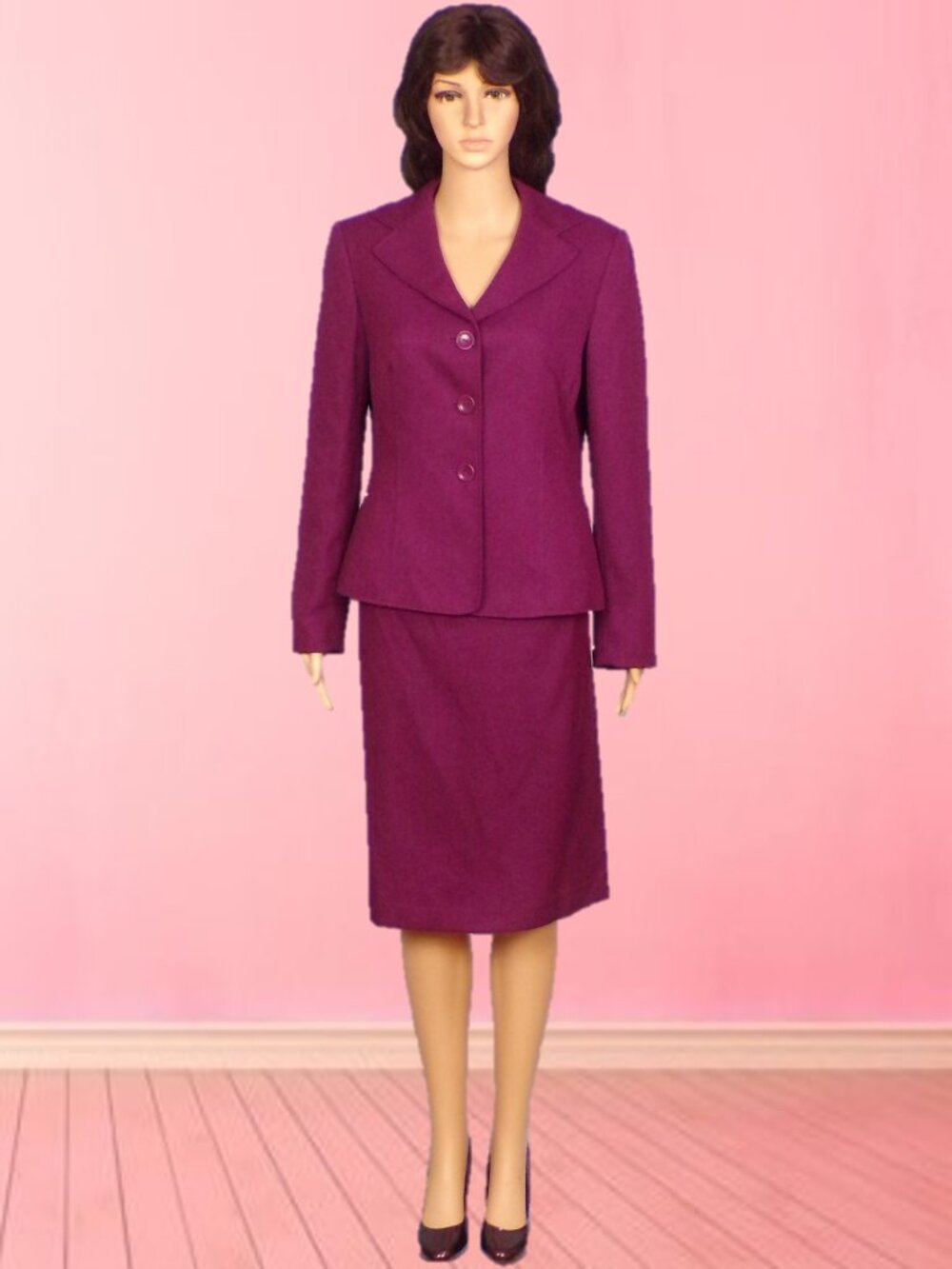 LeSUIT size 8 burgundy herringbone 2-piece suit jacket/skirt 100% polyester DC